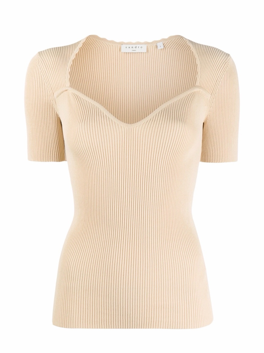 Sandro Beige Ribbed Short-Sleeve Knit Top